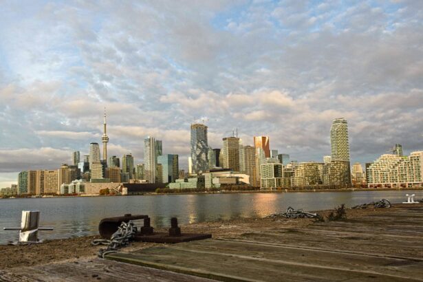 Toronto skyline at sunset with CN Tower