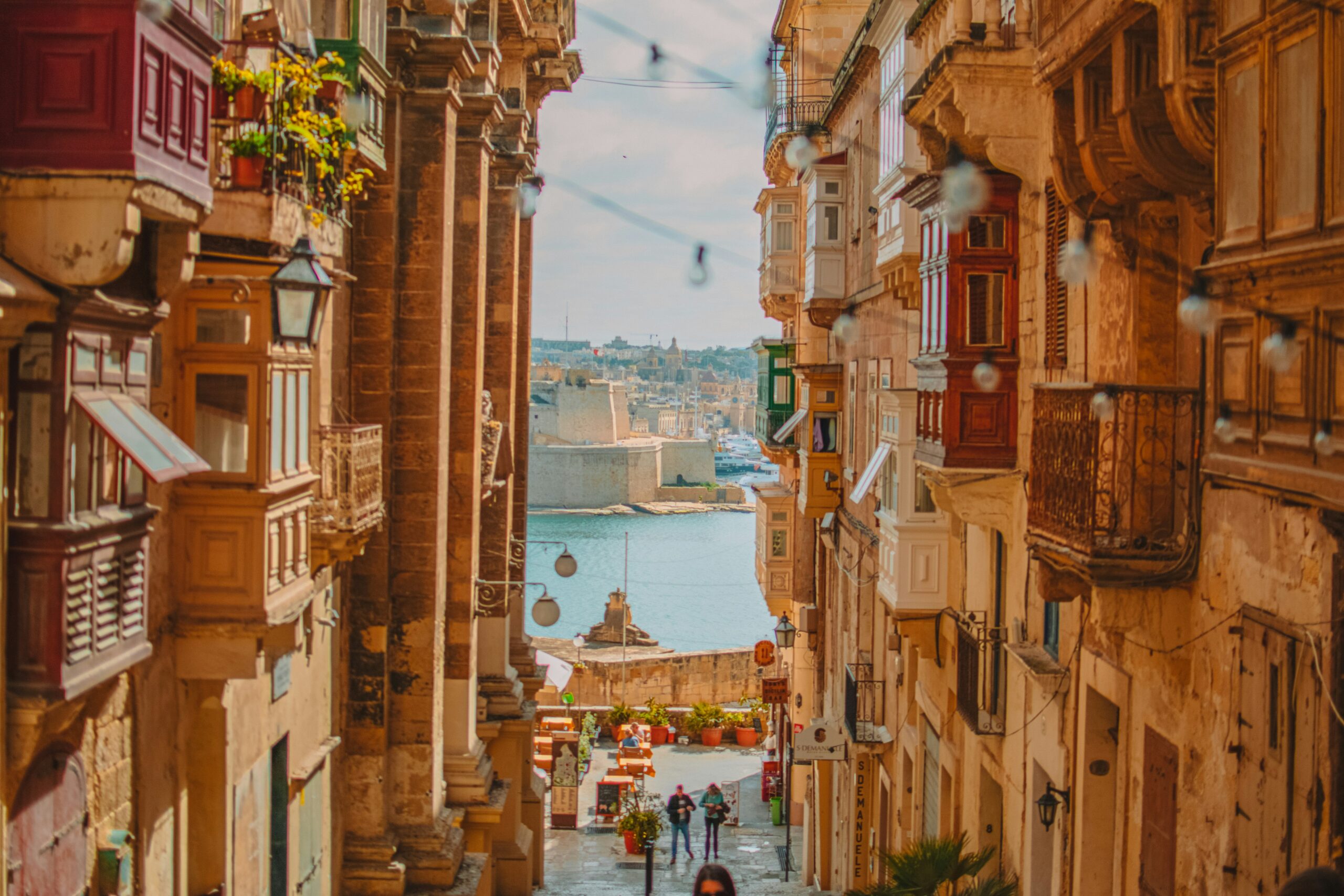 Valletta Malta seafront with restaurants and tables