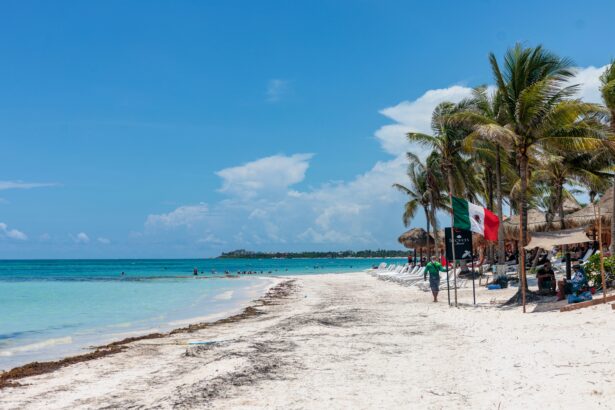 A Mexican Caribbean beach with palm trees and turquoise water — Mexico's federal drinking age applies uniformly to its tourist regions