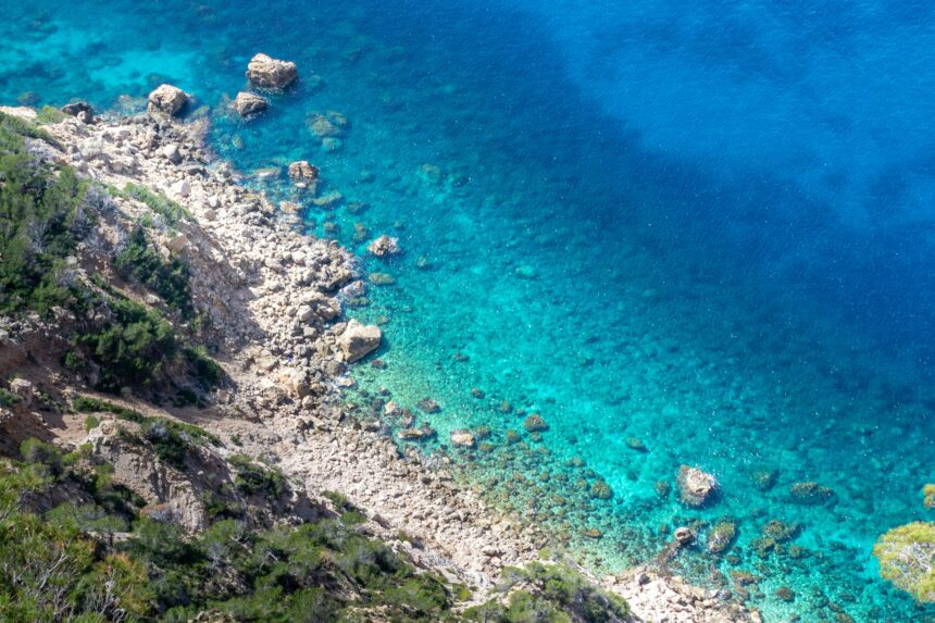 Aerial view of the deep blue Mediterranean Sea — average depth 1,500 m, maximum depth 5,267 m at the Calypso Deep