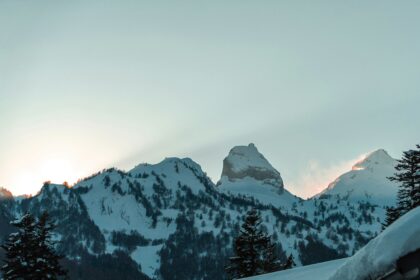 A traditional wooden Swiss chalet in the Bernese Alps with snow-capped mountains behind — the iconic image of Swiss alpine architecture